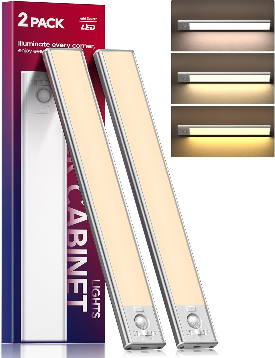 Under Cabinet Lighting, 2 Pack 13 Inch 3 Color Temperatures Motion Sensor Light Indoor, USB Rechargeable under Cabinet Lights, Stick-On Magnetic Closet Light, Wireless under Counter Lights for Kitchen