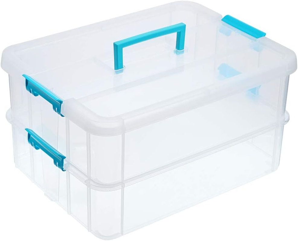 2-Tiers Stack Carry Storage Box with Handle, Transparent Stackable Storage Bin with Handle Lid Latching Storage Container for School & Office Supplies (Blue)