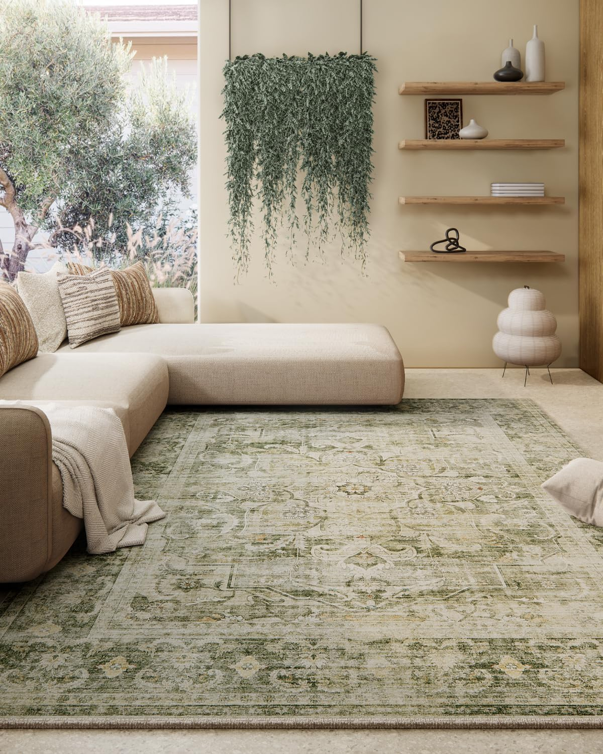 Machine Washable Living Room Rug: 5X7 Area Rugs for Bedroom Non Slip Low Pile Soft Faux Wool Non Shedding Vintage Boho Carpet Rugs for Dining Room Kitchen Entryway Nursery Farmhouse Home Office Indoor