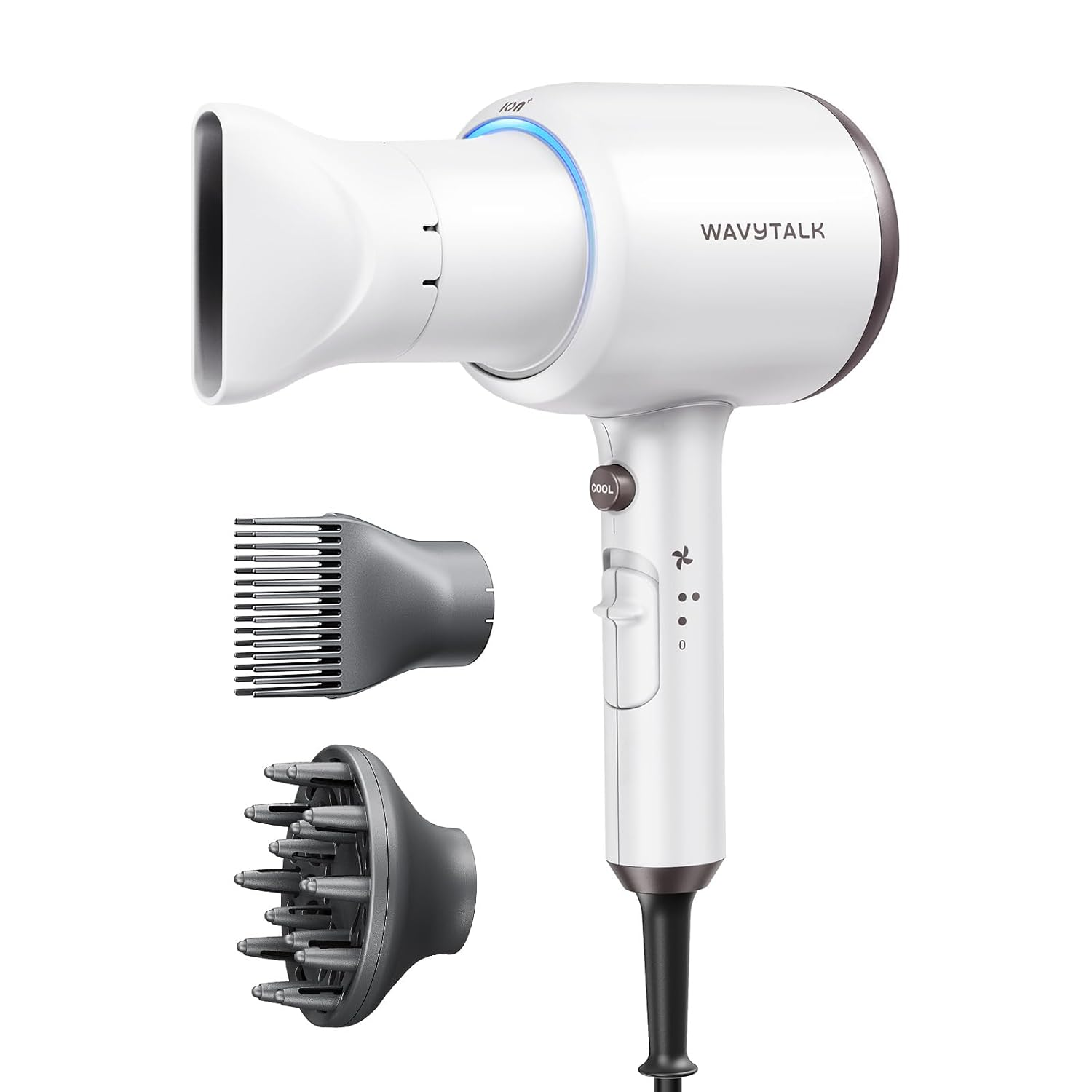 Hair Dryer, Blown Away Ionic Hair Dryer for Curly Hair with Diffuser, 1875W Fast Drying Blow Dryer with Ceramic Technology, 3 Attachments for All Hair Types, Light and Quiet, White