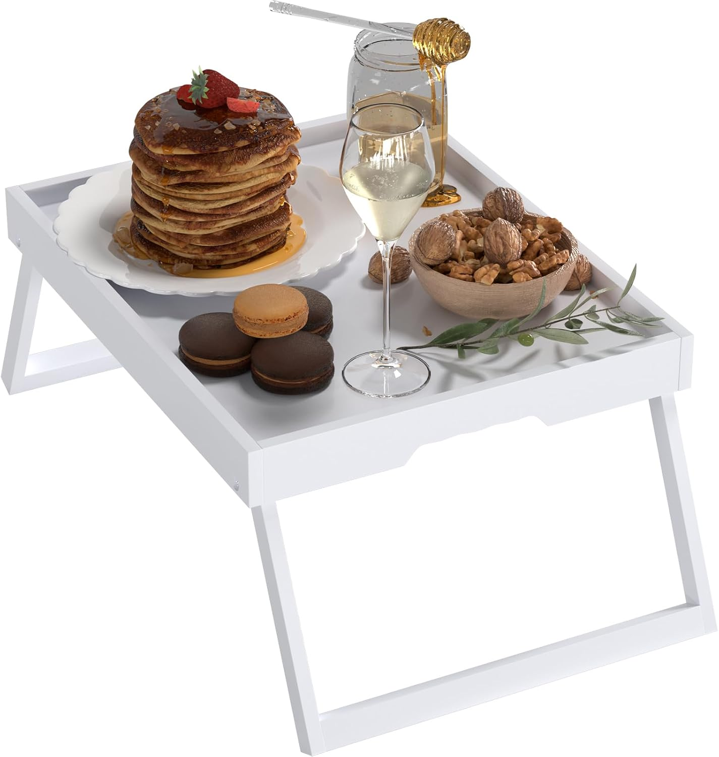 Mesa De Bandeja De Bambu Para Cama Con Patas Plegables Portatil Blanca Grande