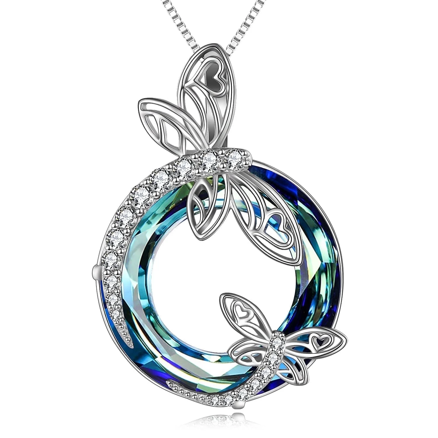Sterling Silver Dragonfly Necklace Blue Crystal Pendant Gift for Women Mom
