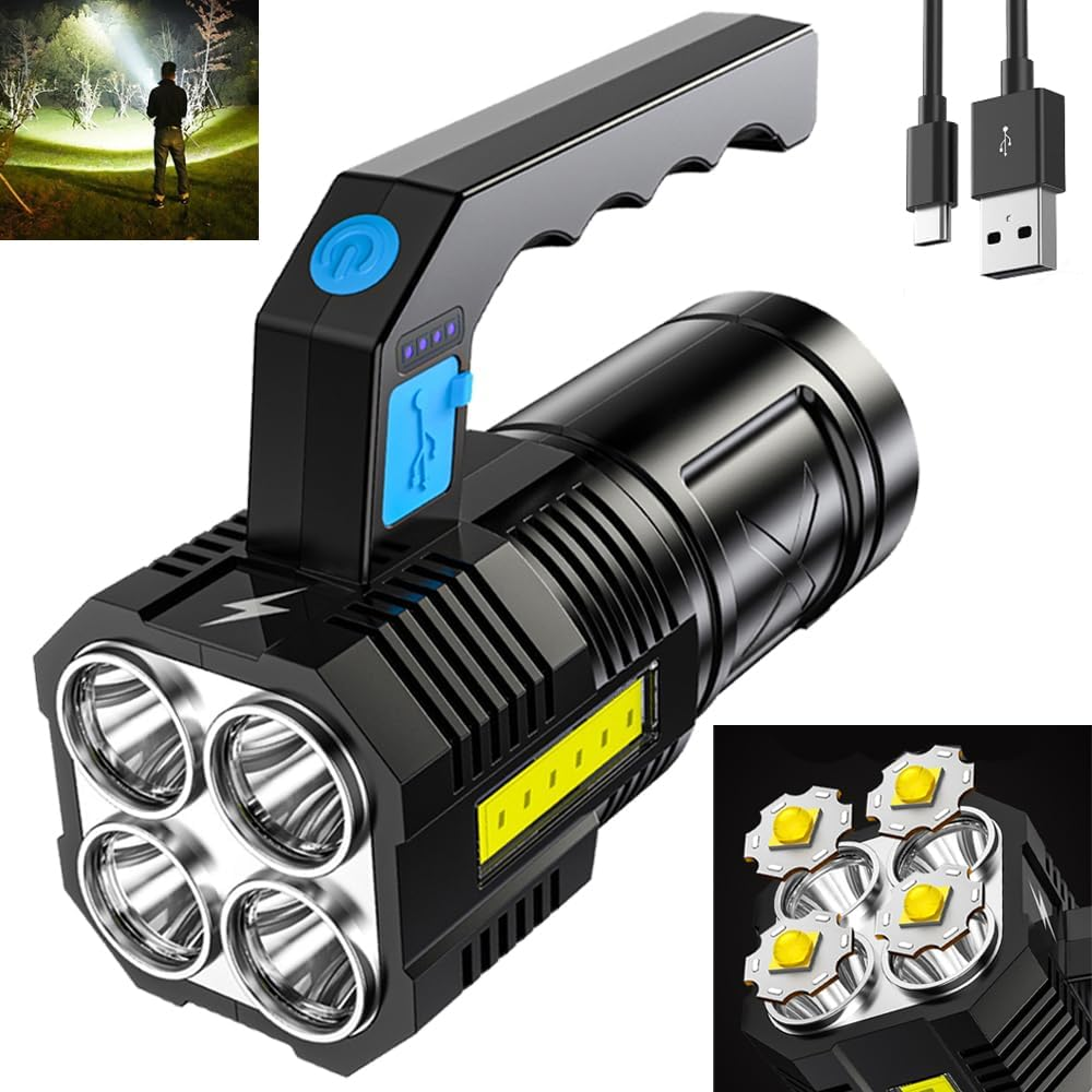 LED Flashlight USB Rechargeable, High Lumens Tactical Light with Sidelight, 4X LED, Zoomable, Handheld Super Brightest Flashlights, Portable Torch for Outdoor Camping Emergency Lantern