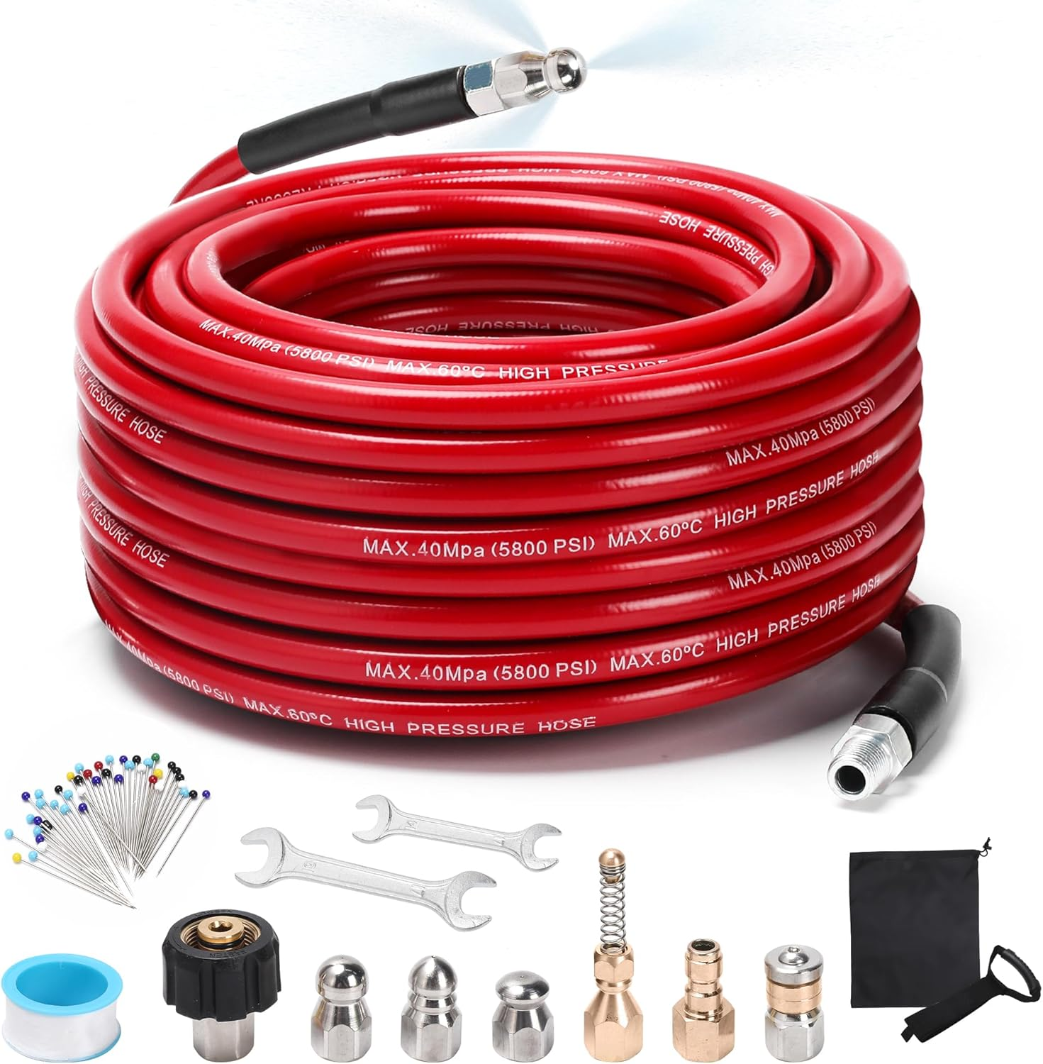 Sewer Jetter Kit for Pressure Washer, 100FT 5800 PSI Drain Cleaner Hose with /