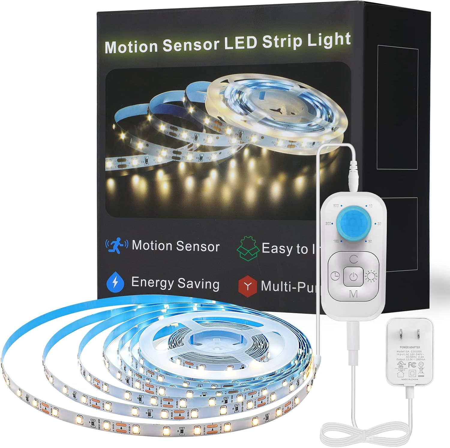 Motion Sensor Led Light Strip - under Cabinet Lighting with Power Adapter, 6 Adjustable Brightness and Timing, Light Strips for Kitchen Cabinets, Stair, Showcase, Bedroom, 9.84Ft 3000K Warmwhite