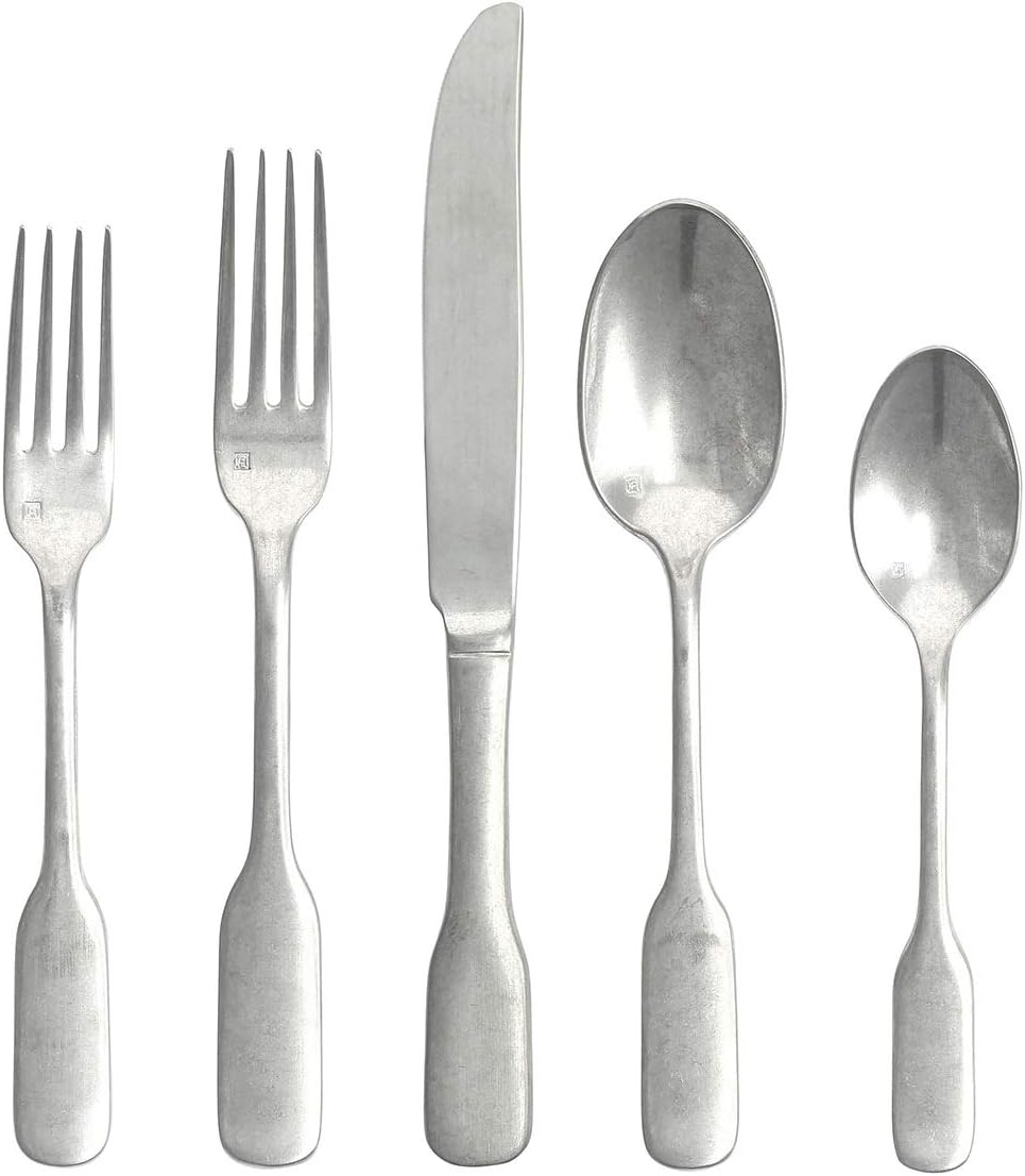 FORTESSA Ashton 18/10 Stainless Steel Flatware, 5 Piece Place Setting with Knife, Forks and Spoons (Service for 1), Dishwasher Safe, Antiqued