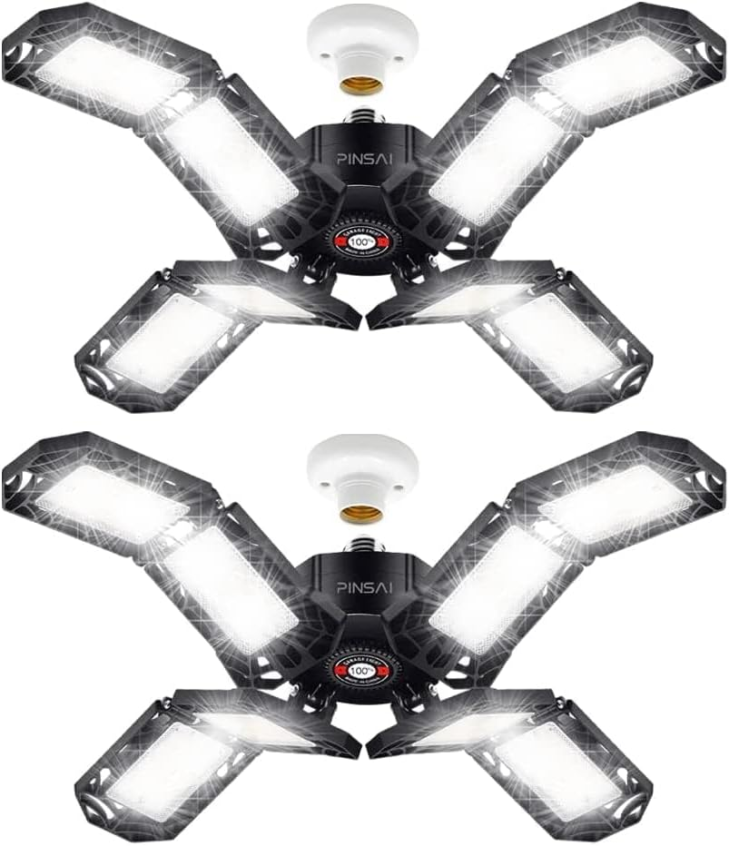 2 Pack LED Garage Light,Super Bright Screw in E26/E27 Ceiling Shop Work Lamp, 200W 20000 Lumen Deformable Basement Bulb Fixture with 8 Adjustable Panels