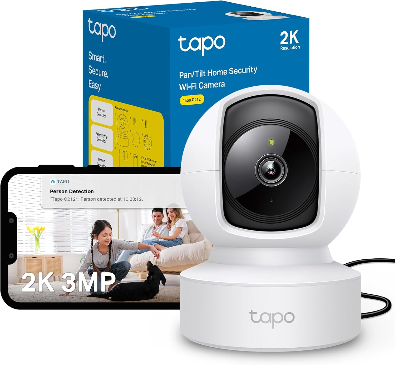 Tapo C212 Pan/Tilt Indoor Camera, 2K 3MP Security Camera, No Monthly Fee, Smart Motion Person Detection, Ethernet or Wi-Fi Connection, Advanced Night Vision,Two-Way Talk, Works with Alexa & Google