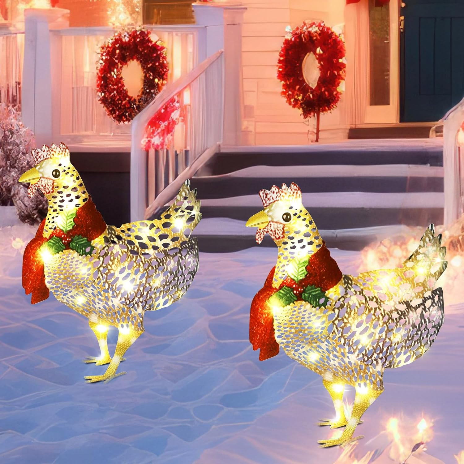 2 Pcs Light up Chicken with Scarf Christmas Decoration Metal Chicken Ornaments with 60 LED Lights Christmas Rooster with Stakes for Xmas Yard Garden Patio Lawn Outdoor Decor