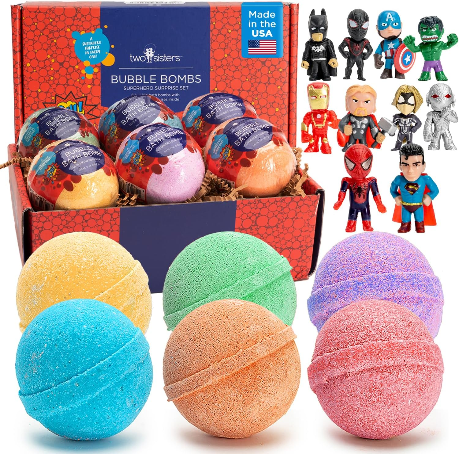 Superhero Bath Bombs for Kids with Surprise Toys inside (6 Pack) - Large Bubble Bomb Fizzies for Boys, Girls, & Toddlers - Fruity Scents, Relaxing Aromas, Made in USA, Birthday Gift by Two Sisters