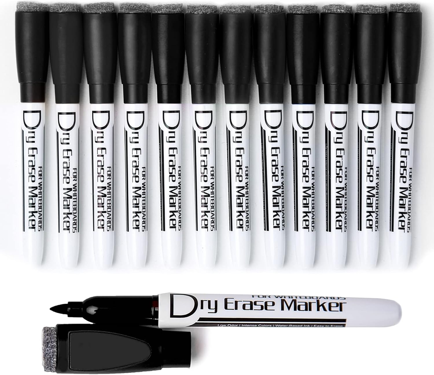 12 Magnetic Dry Erase Markers Fine Tip with Eraser Low Odor Black Whiteboard Pen