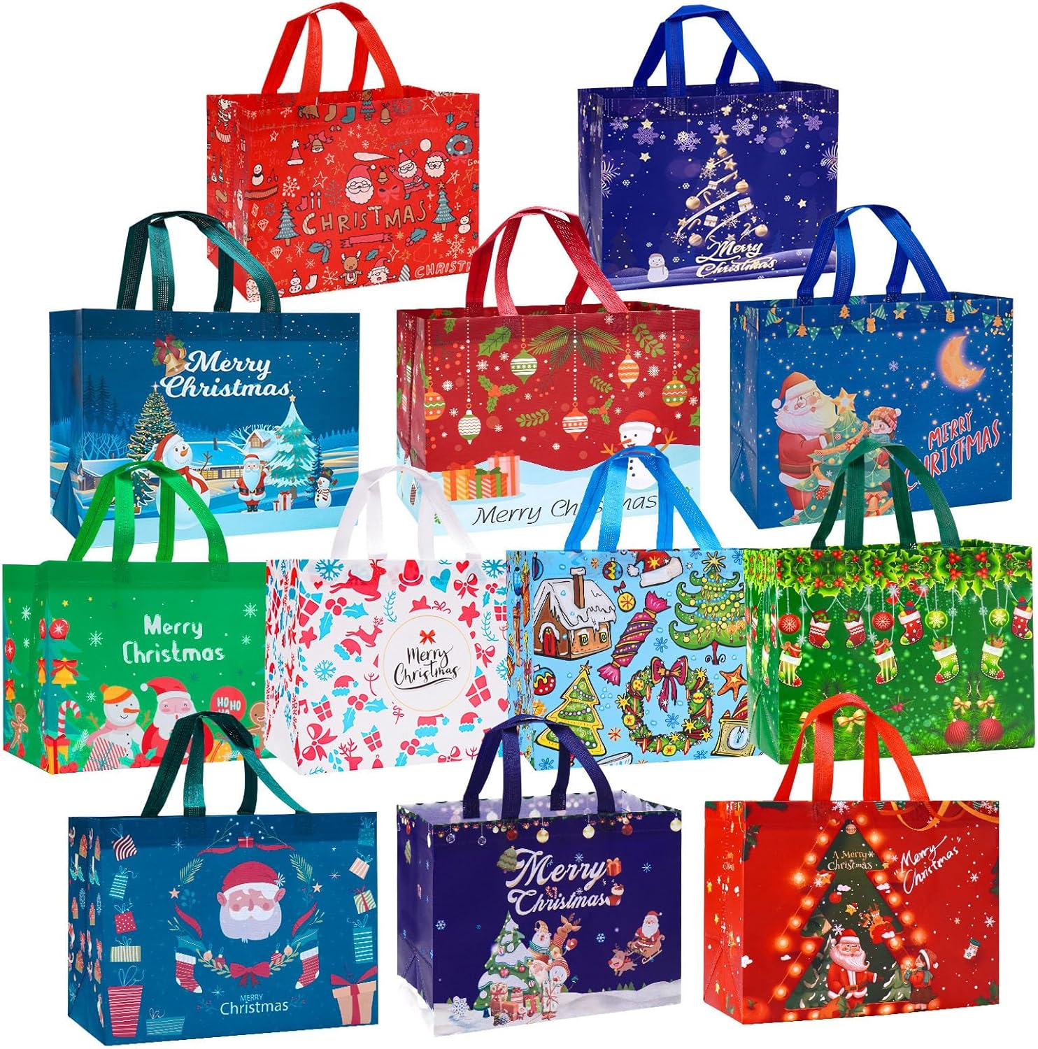 12 Pack Christmas Gift Bags Large Reusable Tote Bags, Non-Wove Bags for New Year's Shopping, Christmas Surprise, Xmas Party Supplies,12.8