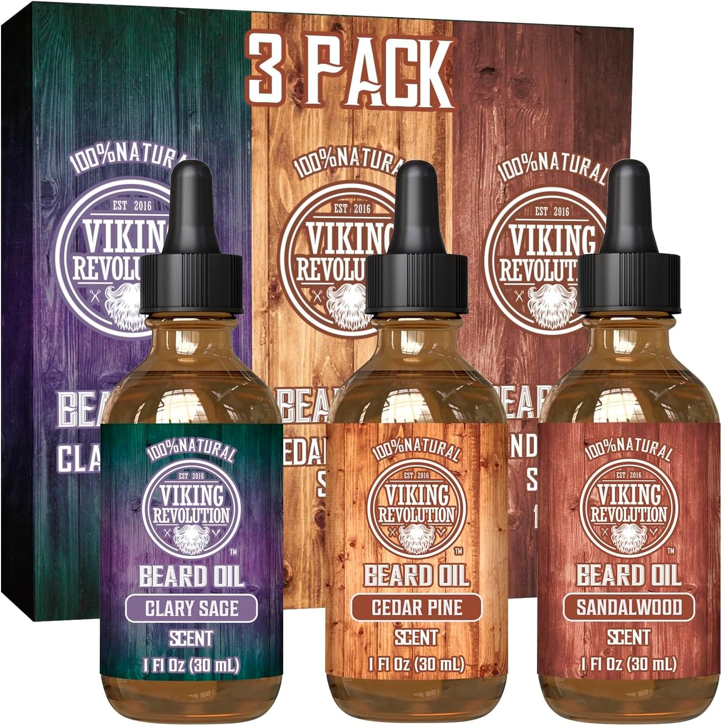 Viking Revolution - Beard Oil - All Natural with Argan & Jojoba Oils - Sandalwood, Cedar Pine, Clary Sage - Softens, Smooths & Strengthens - Gifts for Men - Valentines Gifts for Him - 3 X 30 Ml | Includes Sandalwood, Pine & Cedar, Clary Sage Scents - Formulated with Argan & Jojoba Oils - Conditions & Moisturizes Beard