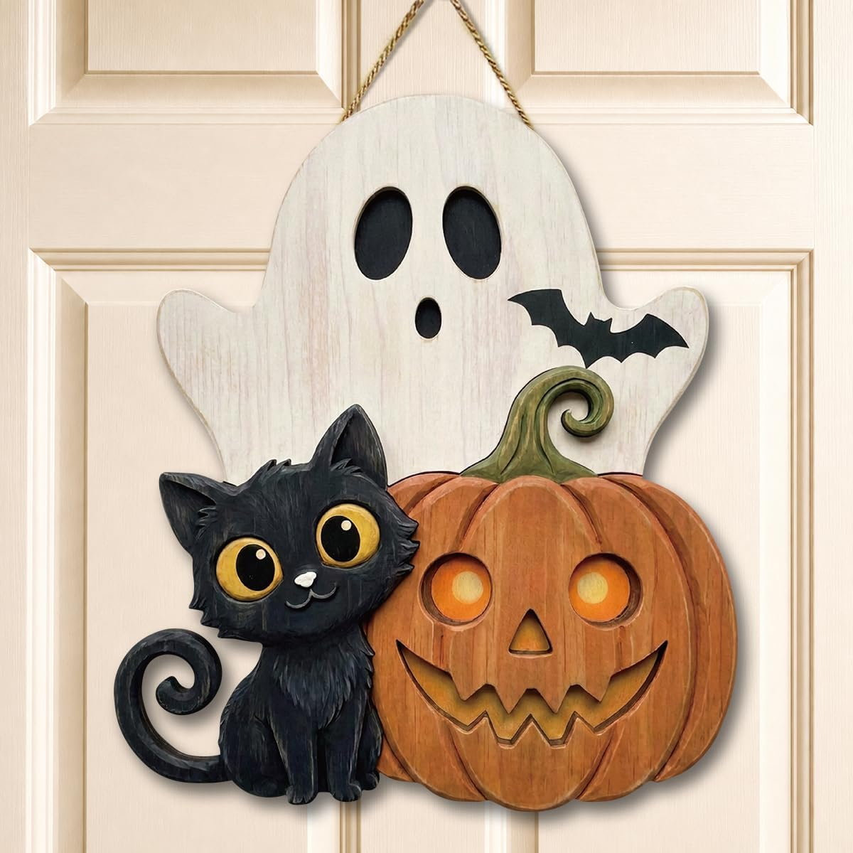Halloween Ghost Wreath for Front Door Wooden Black Cat Pumpkin Door Decor