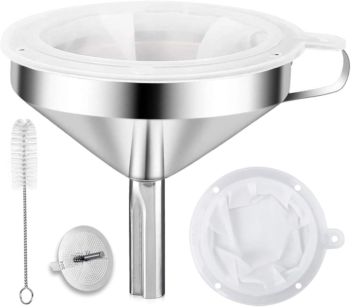 Kitchen Funnel for Filling Bottles, 304 Stainless Steel  Funnels with Strainer and 200 Mesh Filter, Metal Funnel Set for Transferring Canning Oil Coffee