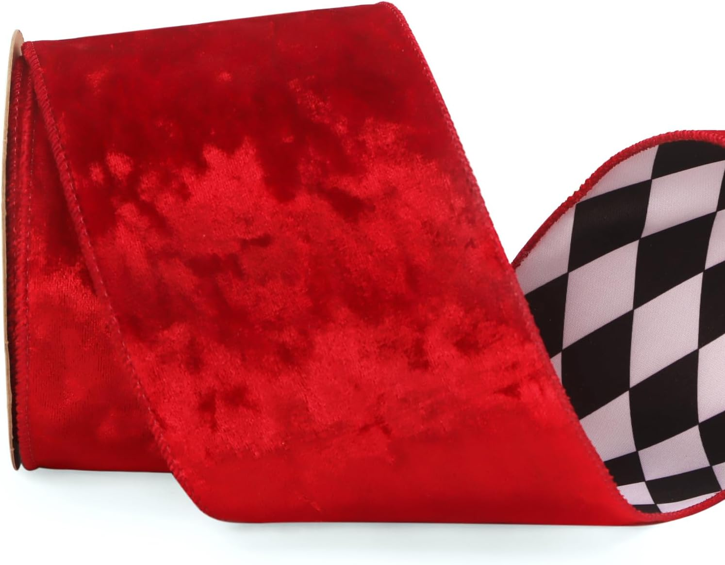 Red Crushed Velvet Wired Ribbon with Black White Diamond Check Reversible 4 Inch Christmas Ribbon for Gift Wrapping Christmas Tree Decoration Crafts Wreaths Supplies-10 Yards