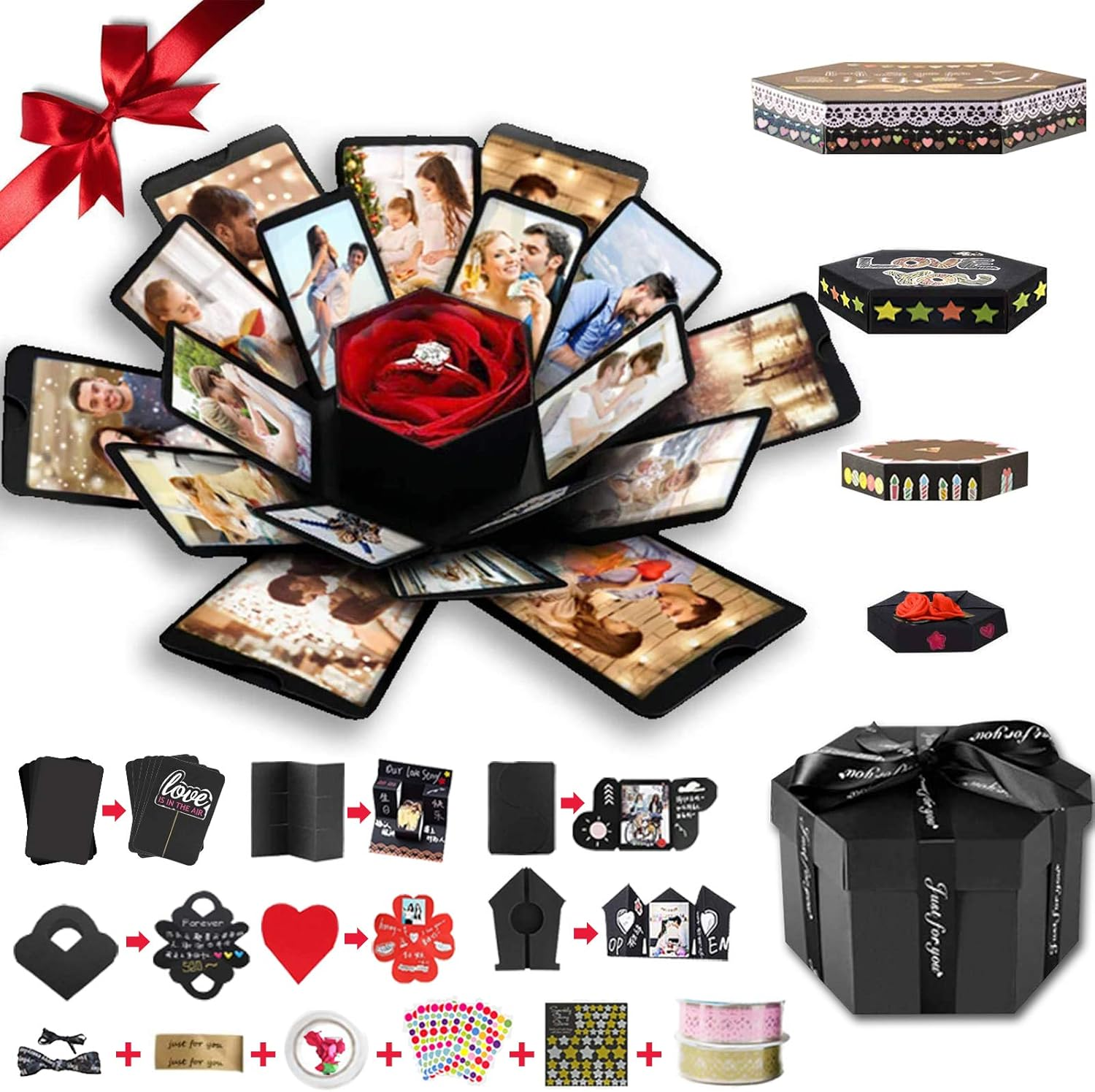 Wanateber Explosion Box, DIY Explosion Box with 6 Faces, Main Part Assembled Handmade Photo Album for Birthday Gift, Anniversary, Valentine'S Day, Wedding (Black)