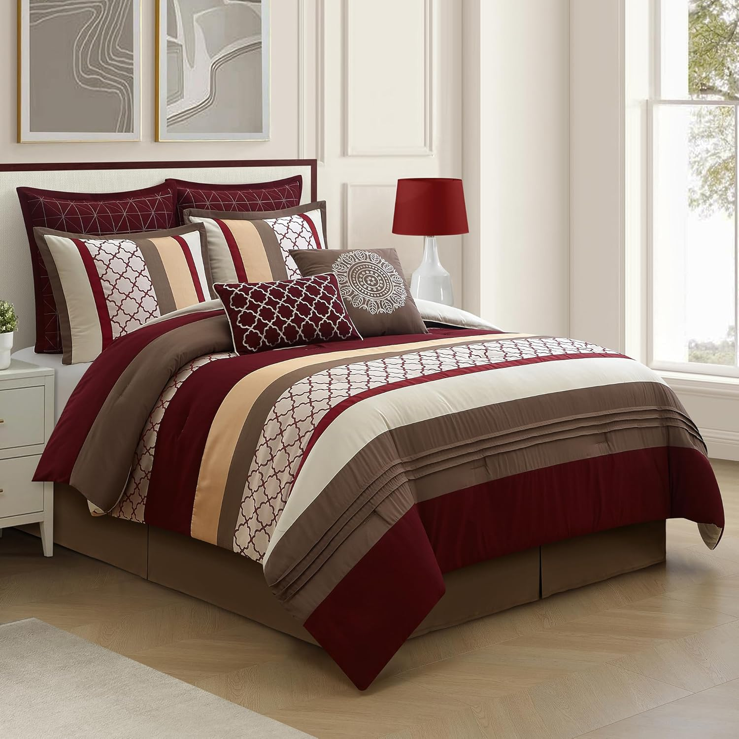 California King Comforter Set, Berry Taupe Bedding Set, Jacquard Woven with Embroidery, 8 Pieces Bed in a Bag, Bed Skirt, Shams and Decorative Pillows