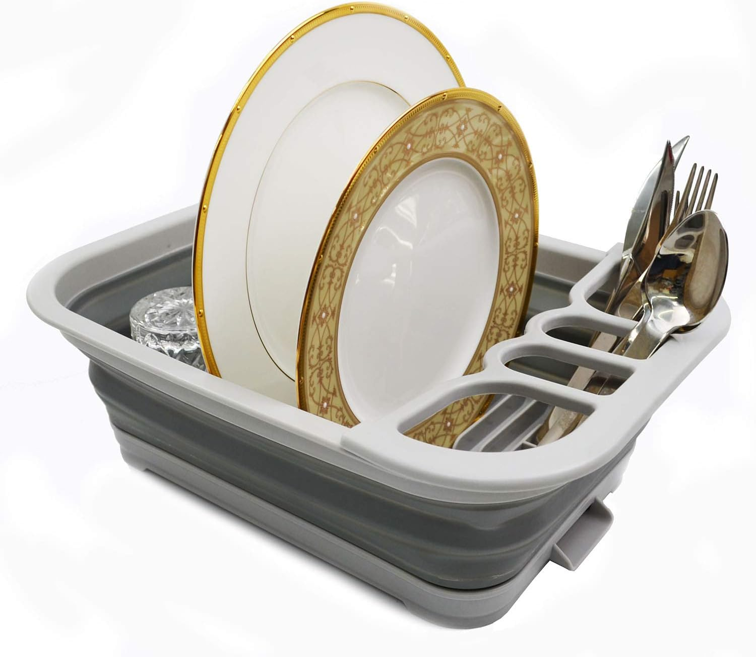 Collapsible Dish Drainer with Drainer Board - Foldable Drying Rack Set - Portable Dinnerware Organizer - Space Saving Kitchen Storage Tray (1, Grey)