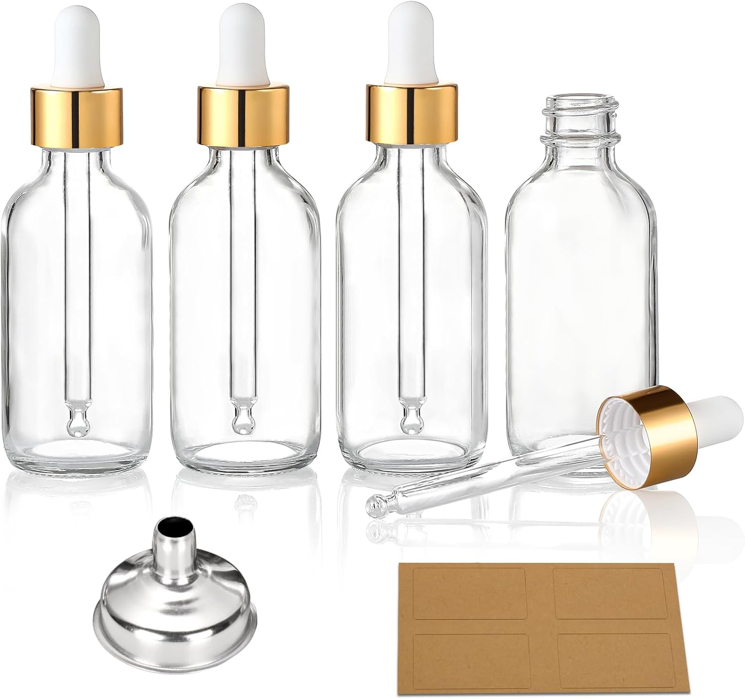 4 Pcs, 1 Oz Golden Cap Clear Dropper Bottles (30Ml) with 1 Funnel & 4 Labels - Glass Tincture Bottles with Eye Droppers - Leakproof Essential Oil Bottles for Health, Personal Care & Beauty
