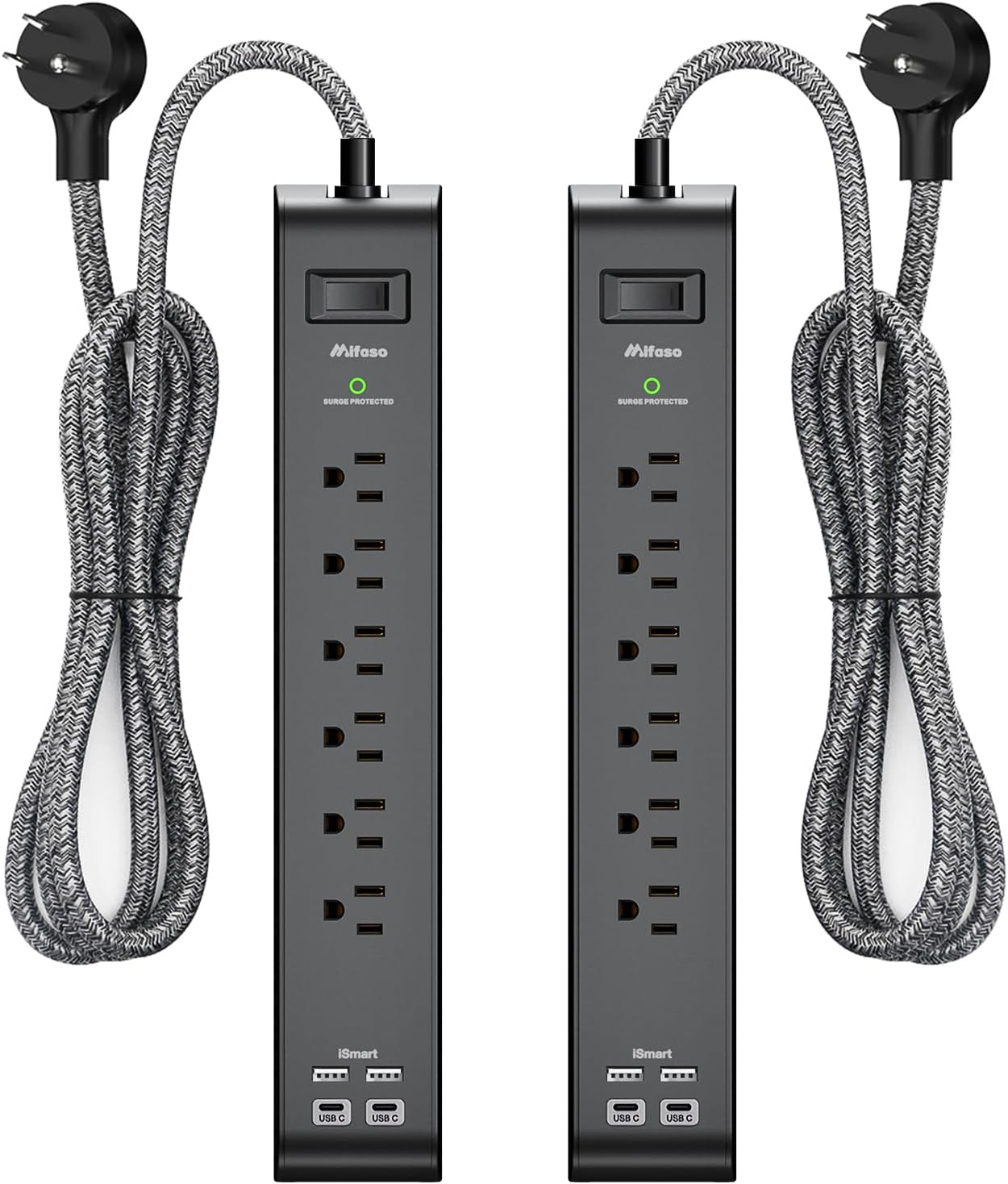 2 Pack Power Bar - Extension Cord with 6 Outlets 4 USB Ports, Surge Protector Heavy-Duty Braided Extension Cords 15A Circuit Breaker Wall Mount for Home Office ETL Listed (5FT, Black)