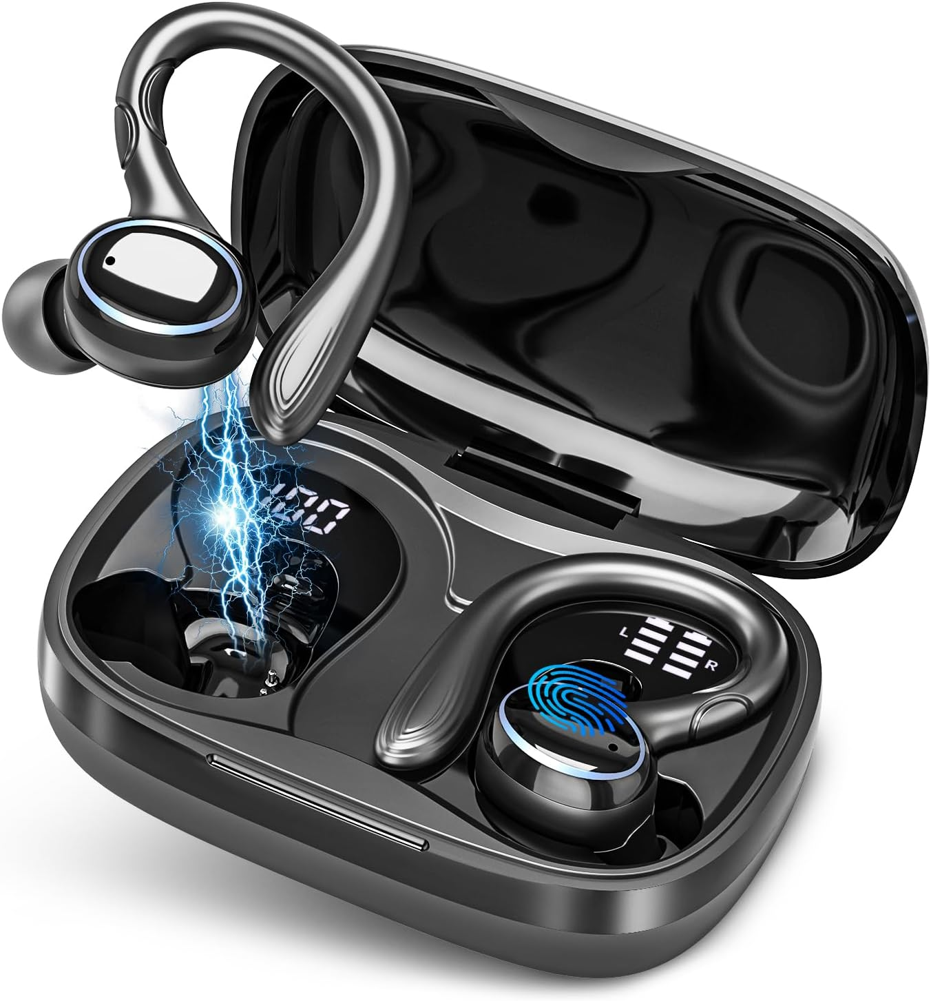 Wireless Earbuds Bluetooth 5.3 Headphones Stereo Ear Buds, ENC Noise Cancelling Mic,Ipx7 Waterproof Earphones with Hook for Android Ios Smart Phone Laptop Computer Sports - Black
