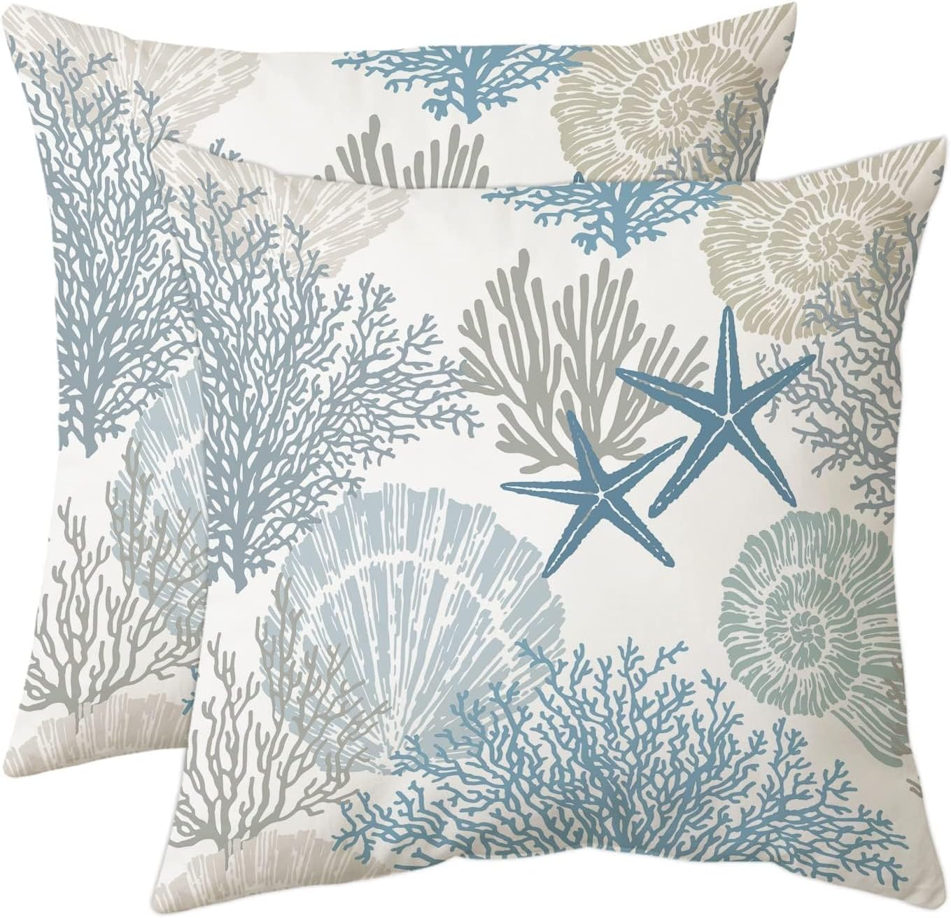 Tritard Nautical Coastal Throw Pillow Covers 18X18 Set of 2 Beach Themed Ocean Seashell Coral Starfish Velvet Couch Decorative Pillow Cases Outdoor Sofa Cushion Cover for Bedroom Living Room, Blue