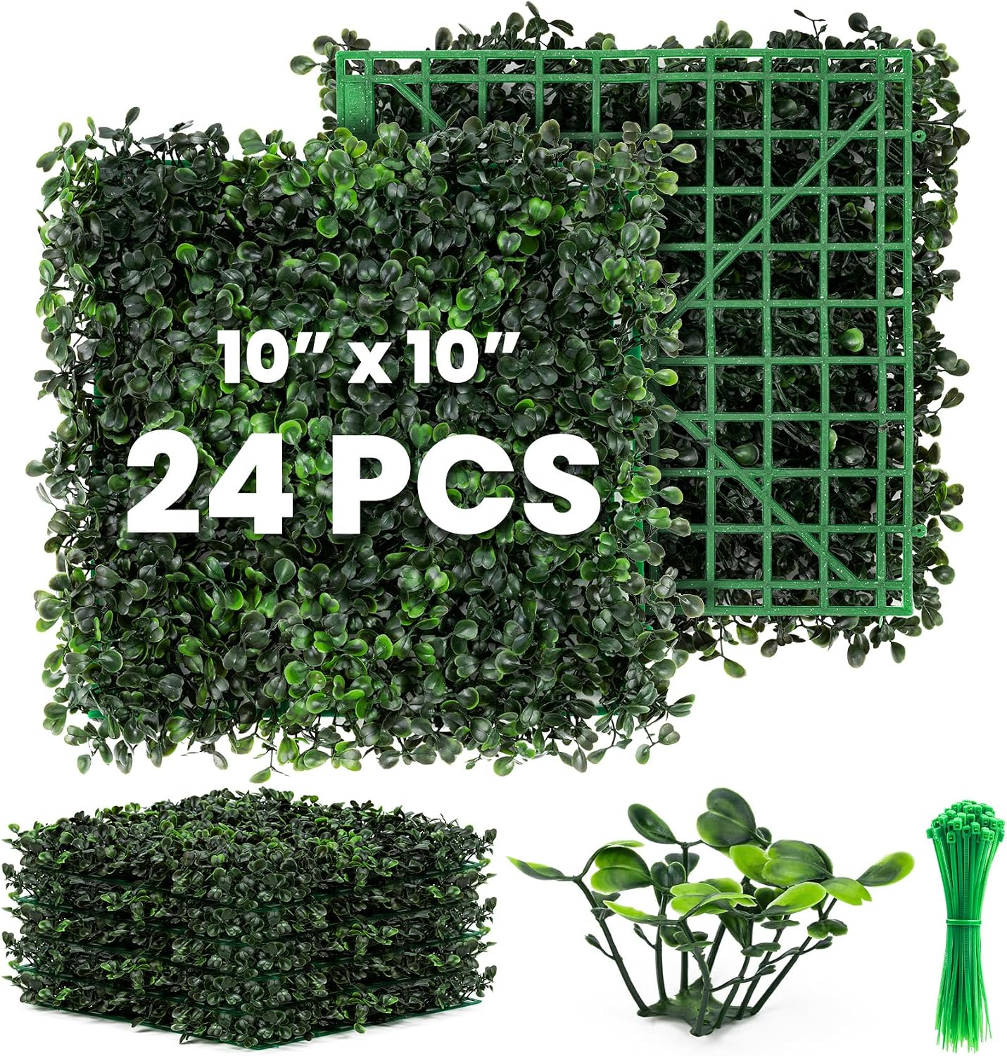 Grass Wall 24 Pack 10"X10" Artificial Boxwood Hedge Wall Panels, Privacy Hedge Screen Faux Boxwood for Outdoor,Indoor,Garden,Fence,Backyard,Greenery Walls