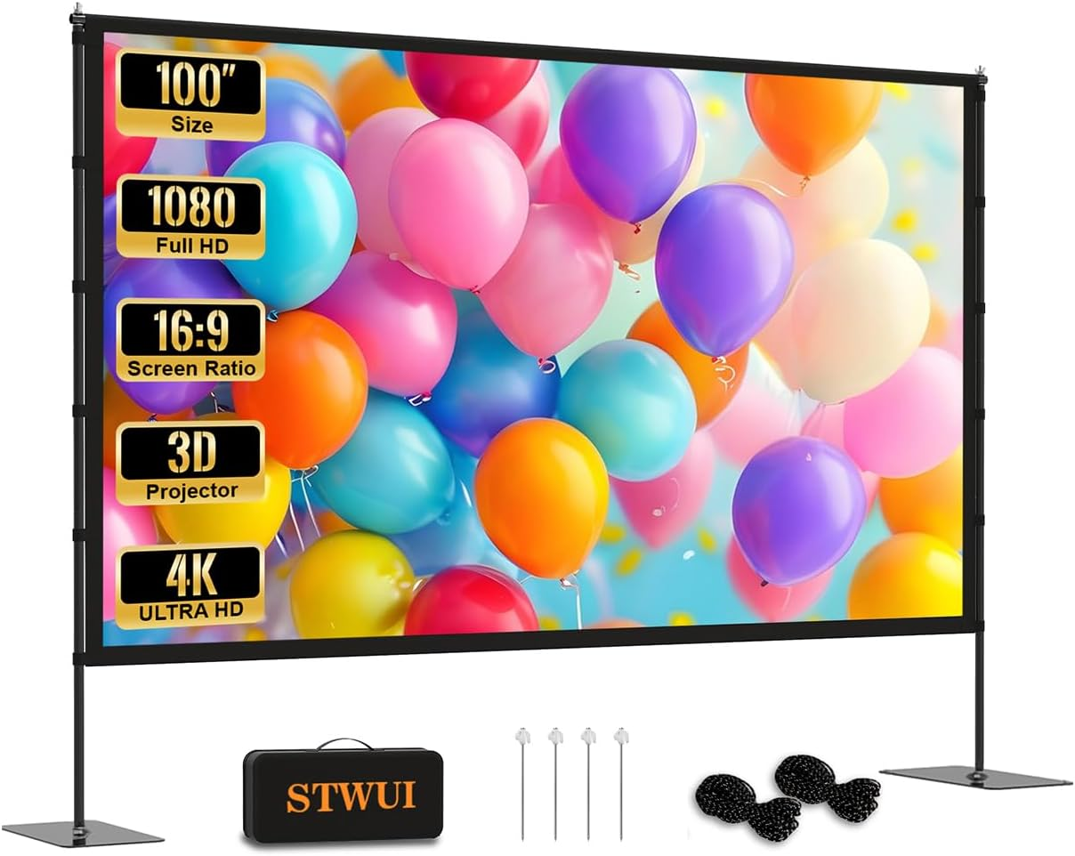Pantalla Proyector 100 Pulgadas con Soporte 16 9 HD Portatil para Cine Exterior