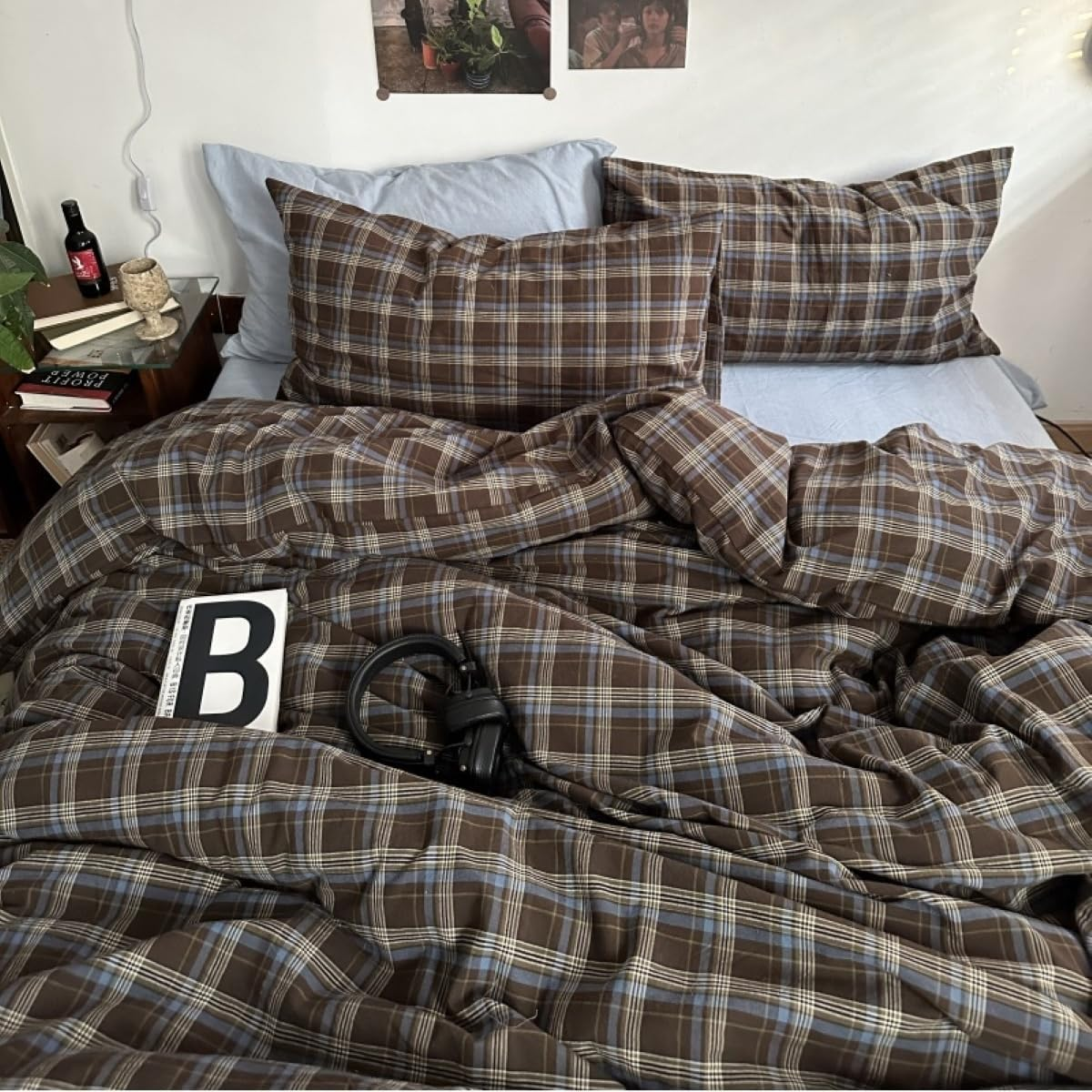 Plaid Duvet Cover Set Queen Size 3 Piece Blue Brown Buffalo Plaid Comforter Cover Vintage Grid Checkered Pattern Soft Breathable Microfiber Bedding Set with Zipper Closure and 2 Pillowcases
