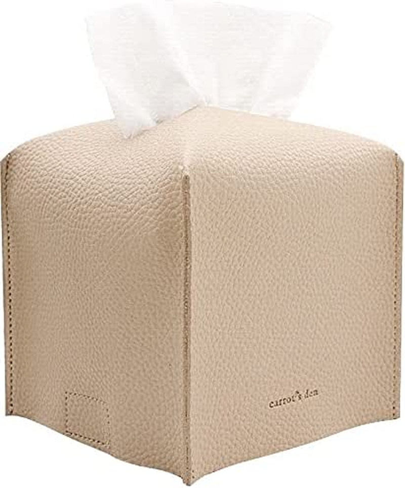 Tissue Box Cover Holder, Square with Bottom Belt by Carrot'S Den - PU Leather Decorative Organizer for Tabletop, Bathroom, Car, Office | Beige
