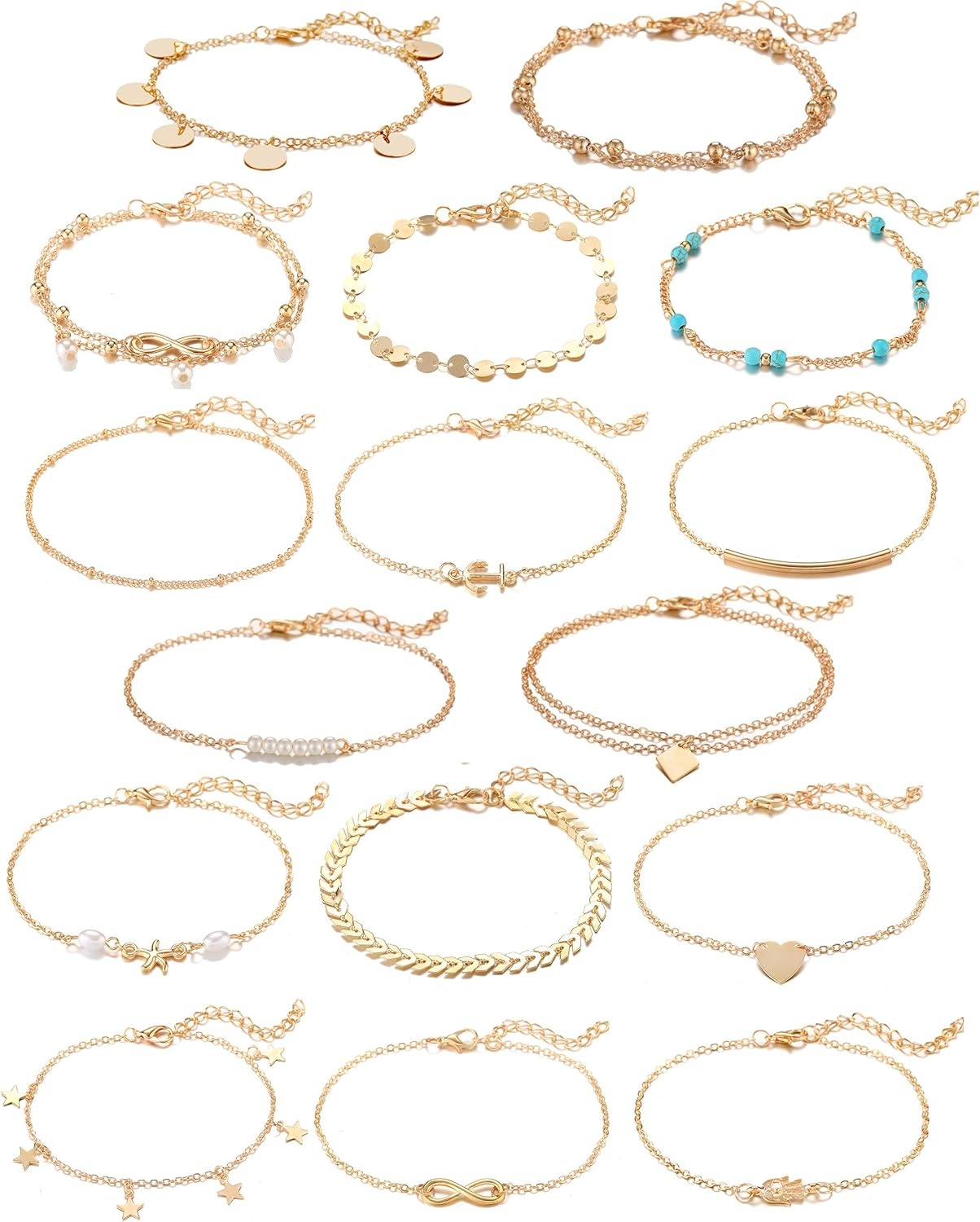 16PCS Gold & Silver Adjustable Ankle Bracelets Set