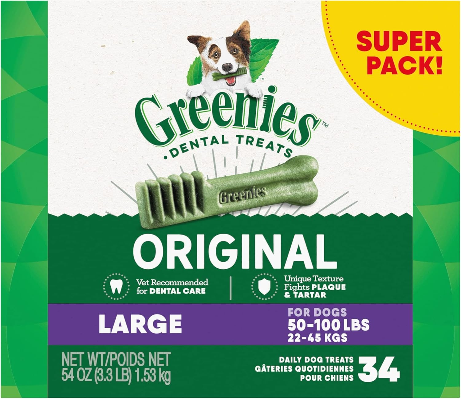 Greenies Original Large Natural Dental Care Dog Treats, 54 Oz. Pack (34 Treats)