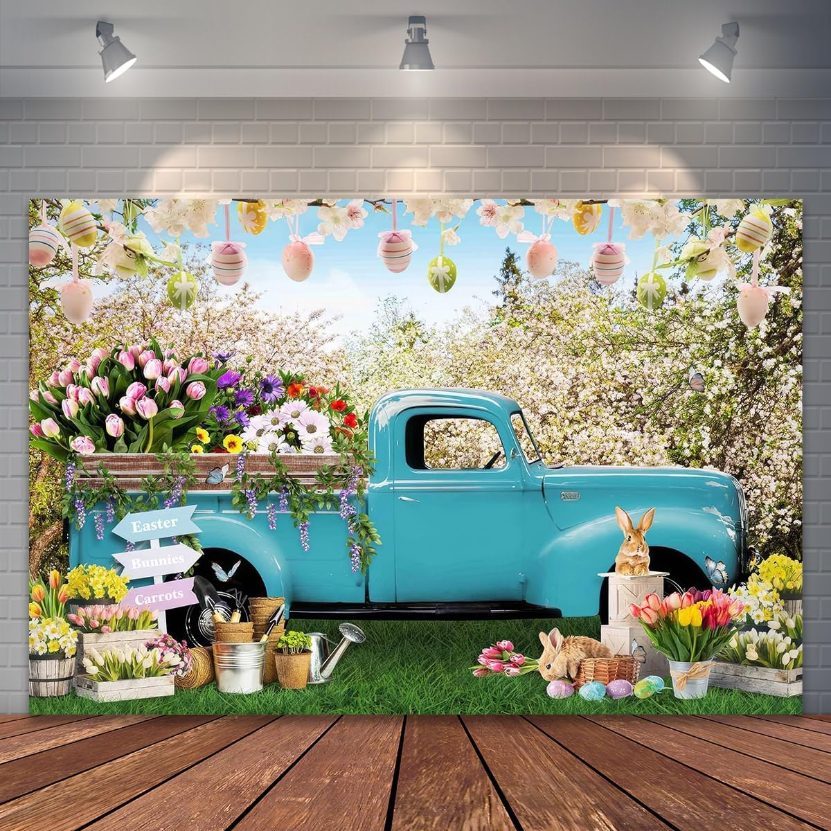 Easter Vintage Truck Vinyl Photography Backdrop with Bunny, Eggs and Spring Flowers, Farm Garden Photo Background for Portrait, Baby, Cake Smash, Studio, Video Recording, Party Decoration (7X5Ft)