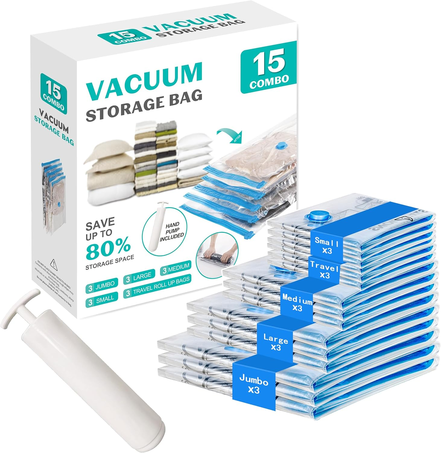 15 Pack Vacuum Seal Bags for Clothing &Travel, Space Saver Vacuum Storage Bags for Blankets,Luggage,Clothes,Comforter, Hand Pump Included (3 Jumbo,3 Large,3 Medium,3 Small,3 Roll)