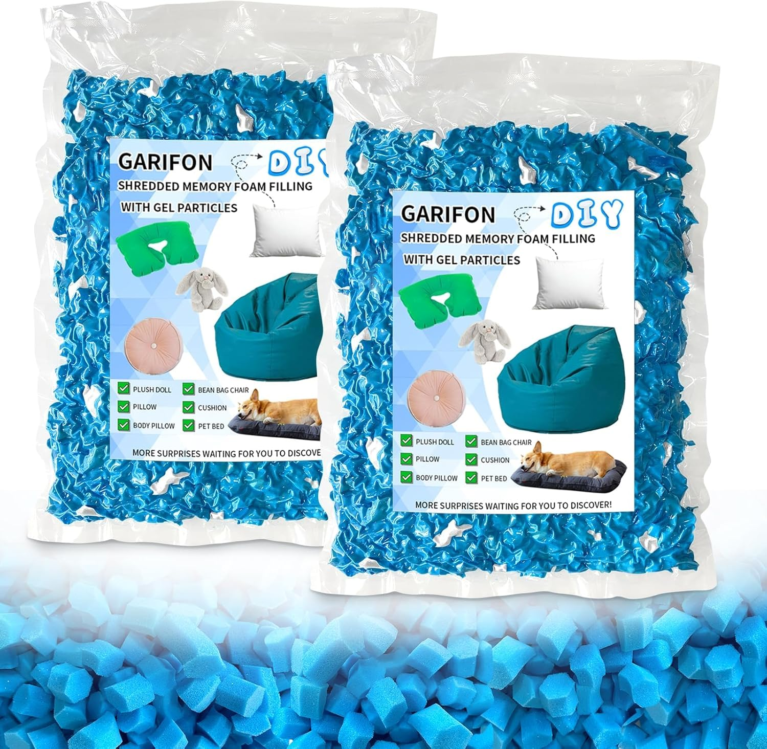 10Lbs Bean Bag Filler, Pillow Bean Bag Stuffing Filling, Shredded Memory Foam Filling, Punching Bag Filler, Foam Refill for Pouf/Ottoman Stuffing/Couch/Boxing Bag, Added Gel Particles