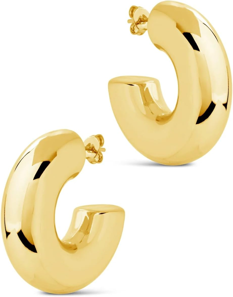 Waterproof Chunky Gold Hoops Earrings for Women Non Tarnish, Thick Gold Plated Circle Open Hoop,Lightweight Hollow Earrings Trendy