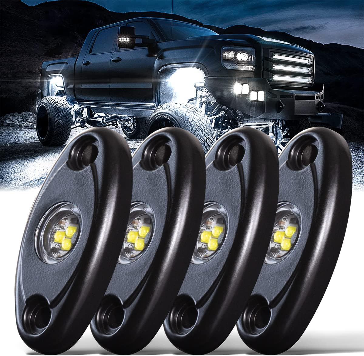R1 Pure White LED Rock Lights 4PCS for off Road Truck Auto Car Boat ATV SUV Waterproof High Power Neon Trail Lights Underglow Light Interior Exterior Shockproof(4Pcs White)