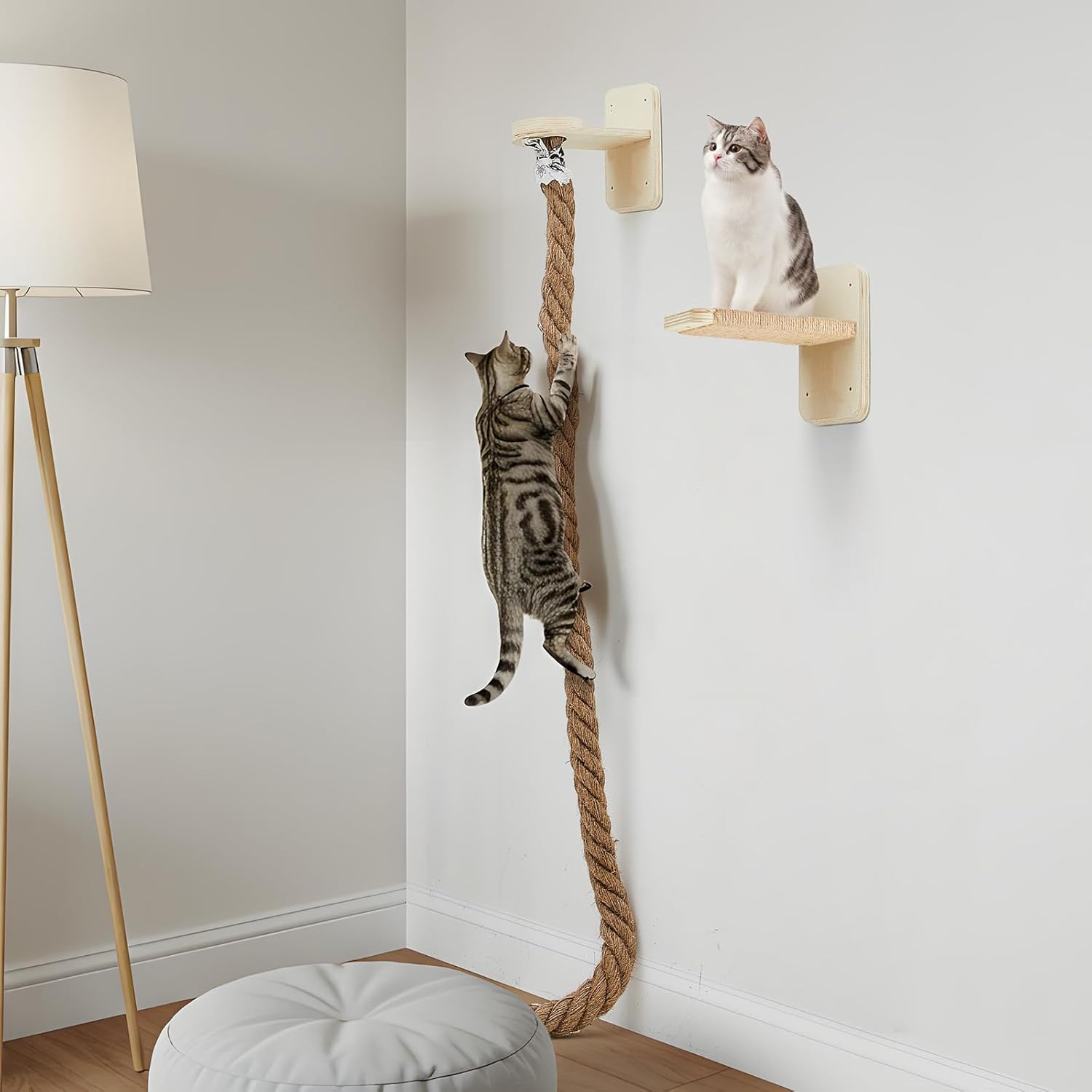 Weysat Cat Tree with 2 X 59.1 Inch Climbing Rope Wall Mounted Cat Climbing Tower Toy with Scratching Post Kitten Rope Ladder with Jumping Platform Wall Steps for Playing and Rest(Wood,Classic)