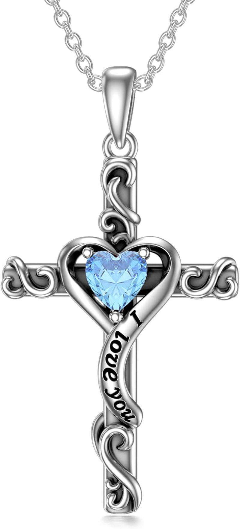 Valentines Day Gifts for Her Birthstone Cross Necklace for Women 925 Sterling Silver Heart Cross Pendant I Love You Jewelry Anniversary Birthday Gifts for Wife Girlfriend Mom