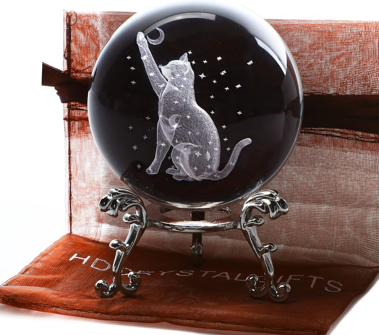 ZEERSHEE 3D Glass Laser Etched Cat Ball with Stand and Figurine - Moon Star 60Mm Crystal Paperweights for Cat Lovers