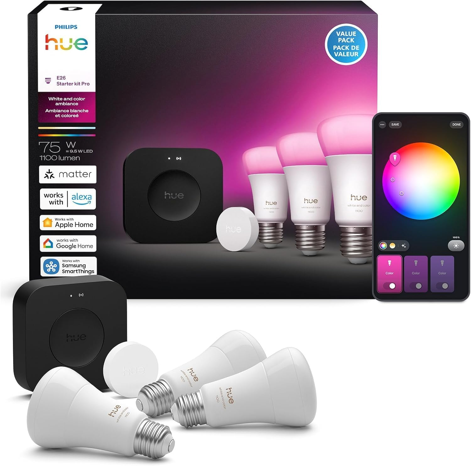 Philips Hue Smart Lighting Starter Kit: Hub, 3 Color Bulbs