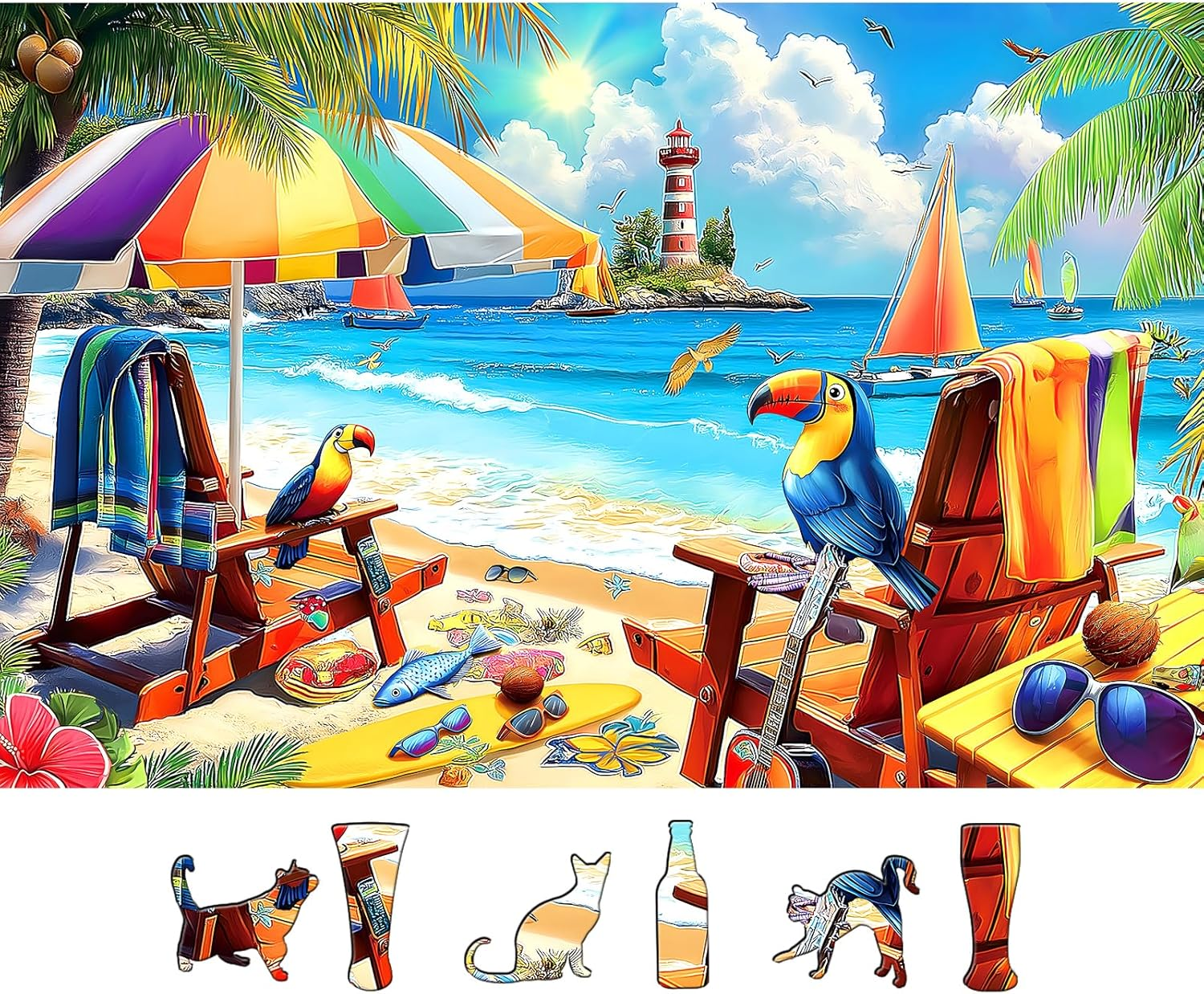 500 Piece Jigsaw Puzzle for Adults Tropical Beach Theme w/ Parrots & Lighthouse