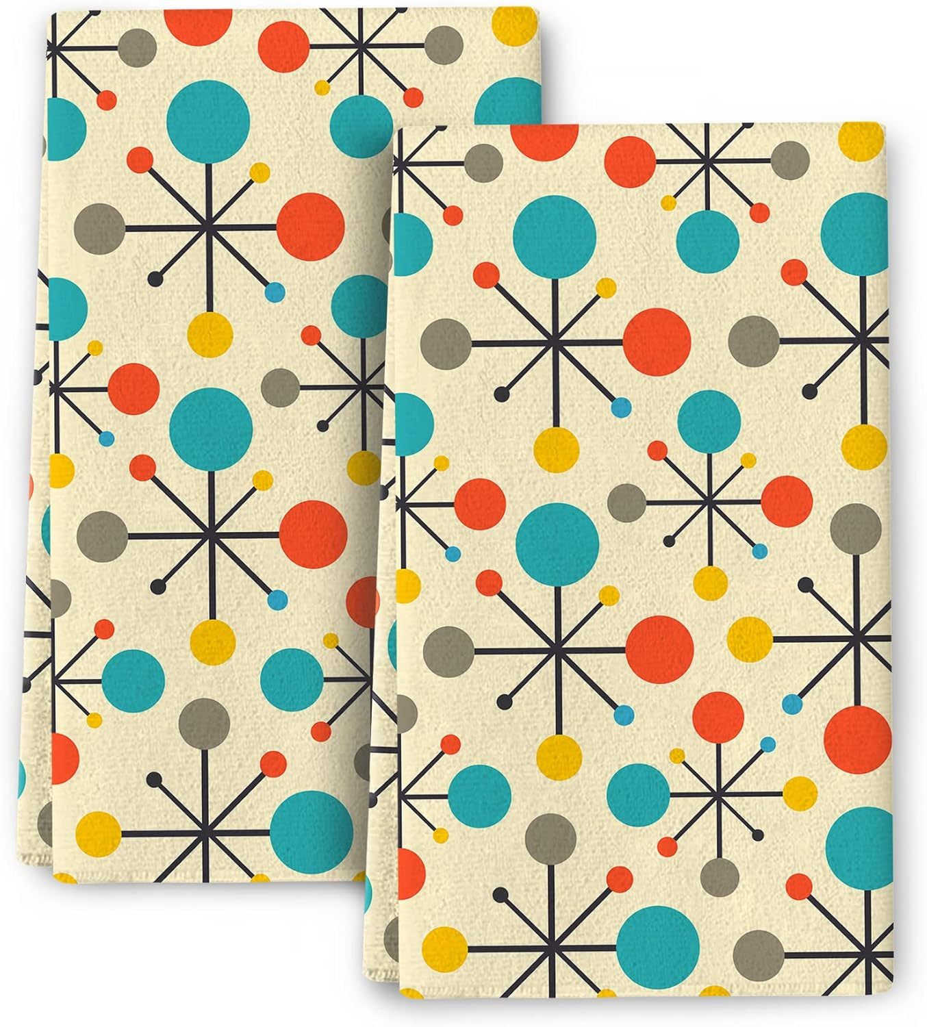 Mid Century Fifties Modern Atomic Retro Colors Kitchen Dish Towel Set of 2 Soft Absorbent Decorative Hand Towels Yellow Tea Towels Farmhouse Bathroom Holiday Home Decor 16