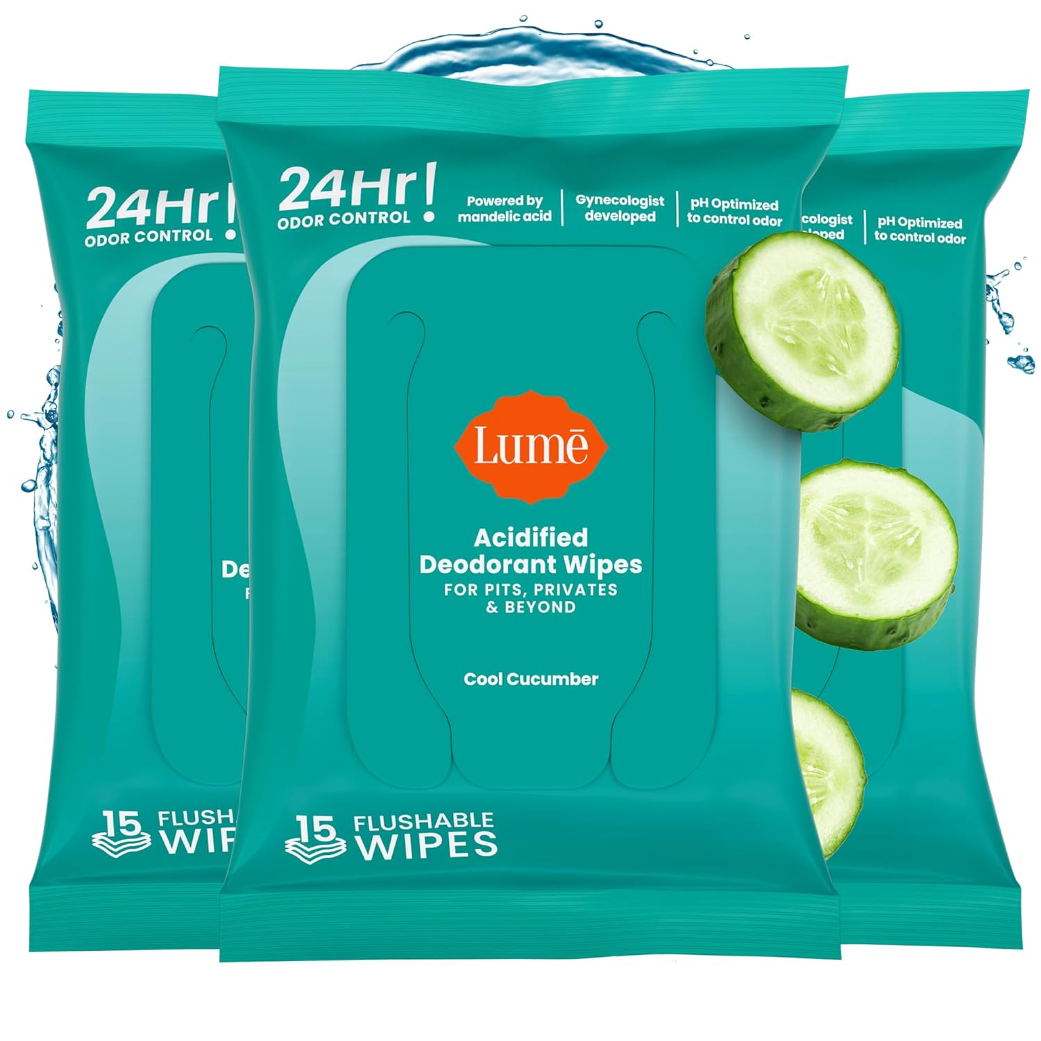 Acidified Deodorant Wipes - 24 Hour Odor Control - Aluminum Free, Baking Soda Free, Skin Loving - 15 Count (Pack of 3) (Cool Cucumber)