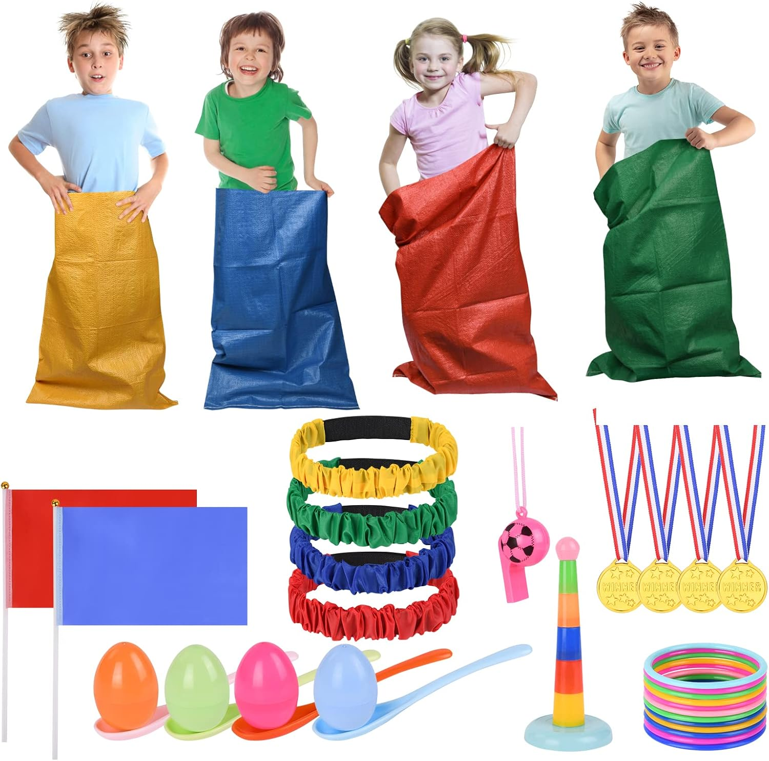 Flintronic 36 Stück Kindergeburtstag Spiele, Outdoor Spiele Gartenspiele Für Kinder Erwachsene, 3Bein Rennen, Eierlaufen, Medaillen, Sackhüpfen Kindergeburtstag Für Kinderparty