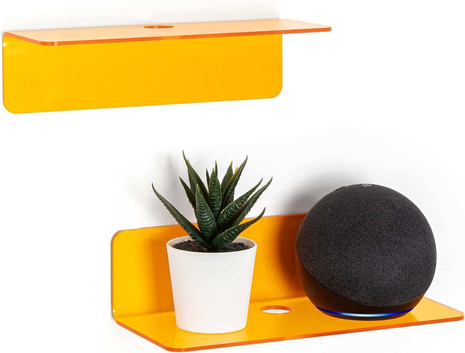 Small Acrylic Floating Wall Shelves Set of 2, Flexible Use of Wall Space, 9 Inch Adhesive Display Shelf for Security Cameras/Smart Speaker/Action Figures, with Cable Clips - Clear Orange