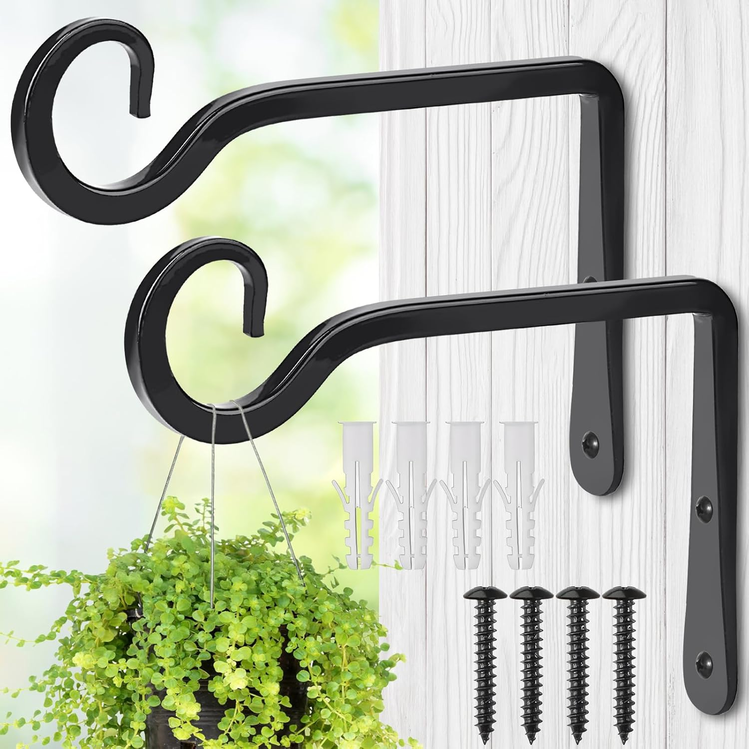 Plant Hangers Outdoor, 2 Pack 6 Inch Hanging Plant Bracket, Metal Hanging Plant Hooks, Wall Hooks for Hanging , Bird Feeder, Flower Basket, Wind Chimes, Indoor Outdoor (Black)