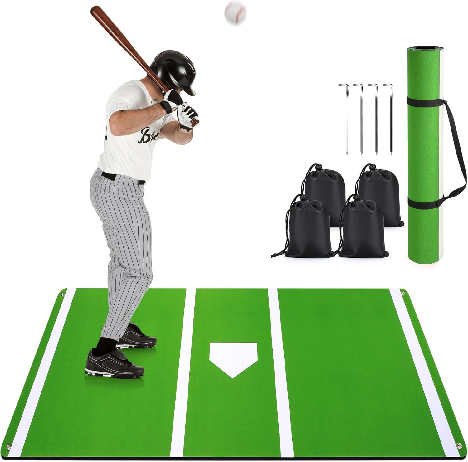 10 X 3.8 FT Baseball Hitting Mat, Baseball & Softball Batting Mats with Home Plate for Stance Practice, Softball Batting Cage Mat with 4PCS Anchors & Sandbags Indoor Outdoor Training