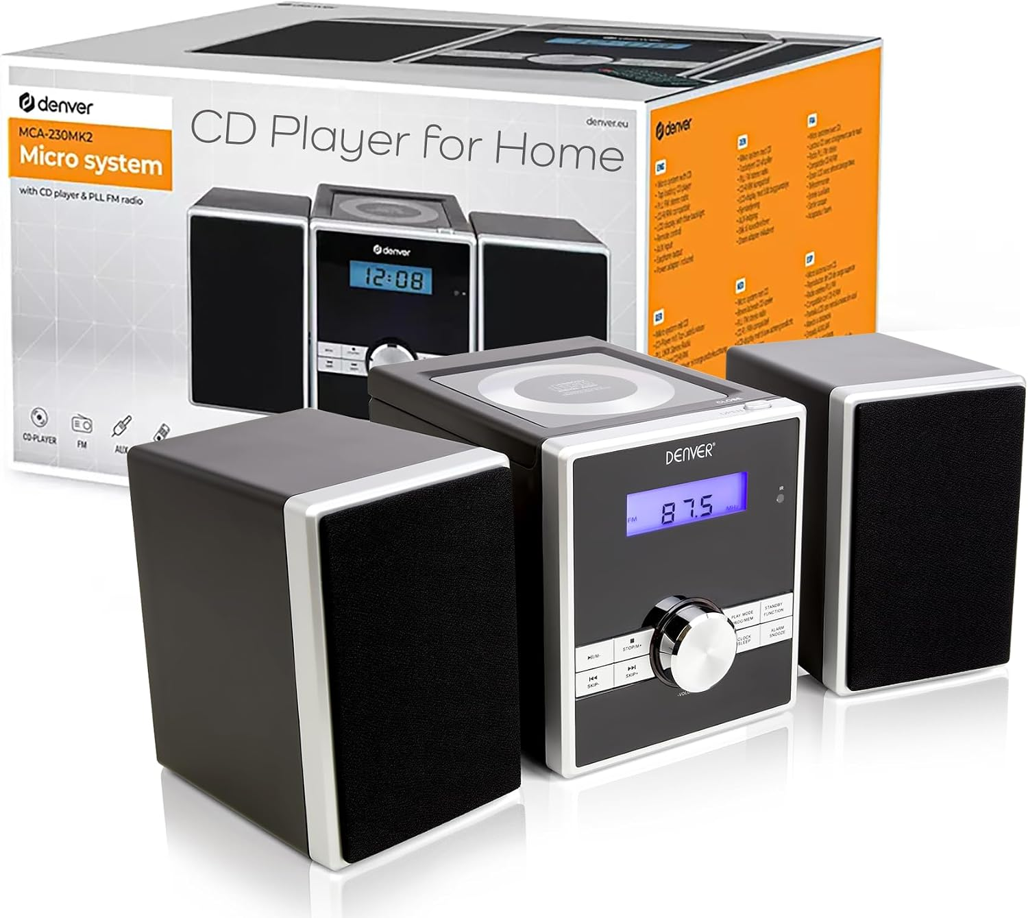 Denver Mini Hifi System CD Player for Home with Speakers - CD Micro System Mains Operated with FM Radio, Clock Radio Alarm, Snooze & Sleep, AUX IN, Remote Control – MCA-230
